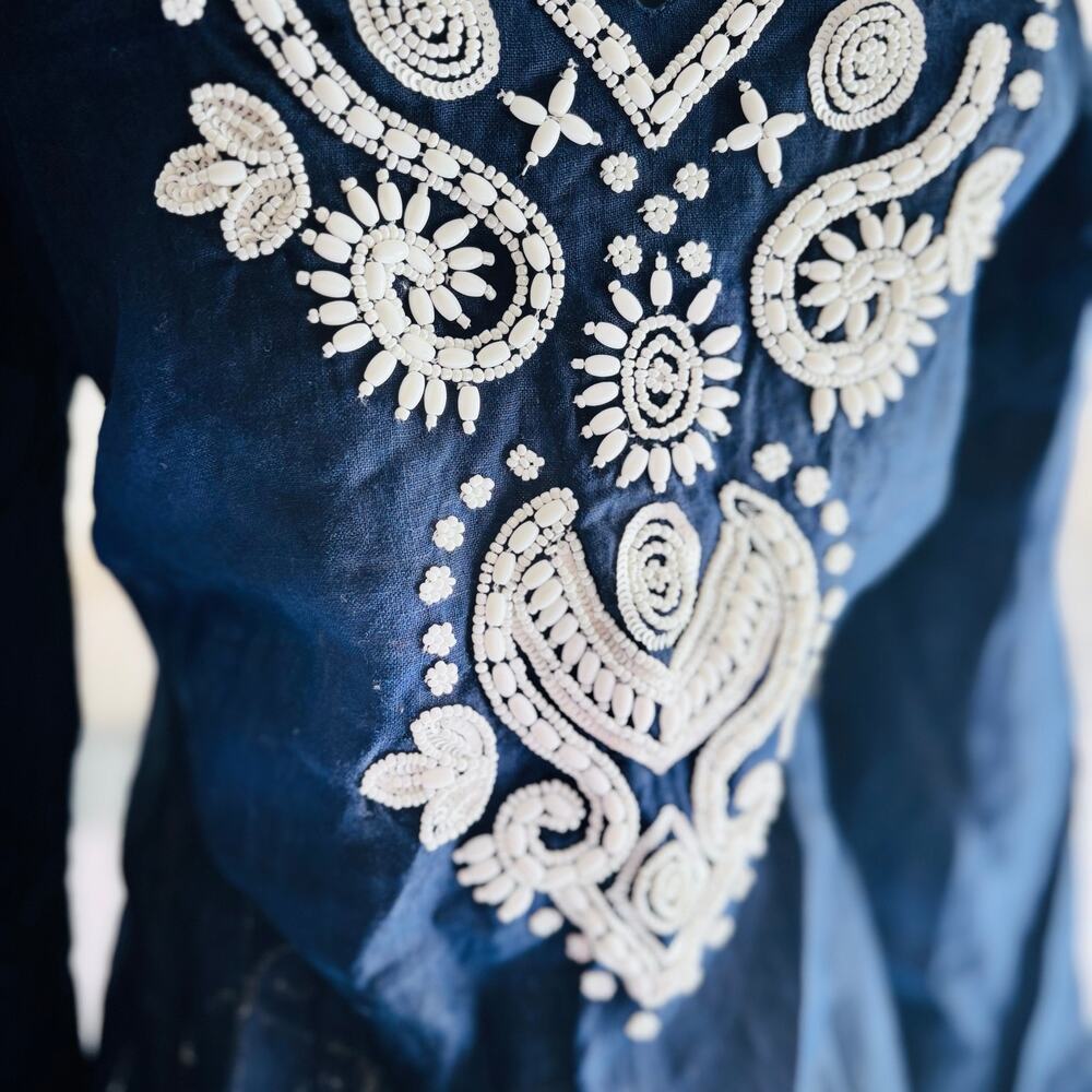 Charter Club Luxury Navy Linen Beaded Tunic Top Size S Boho Embellished - Picture 3 of 8